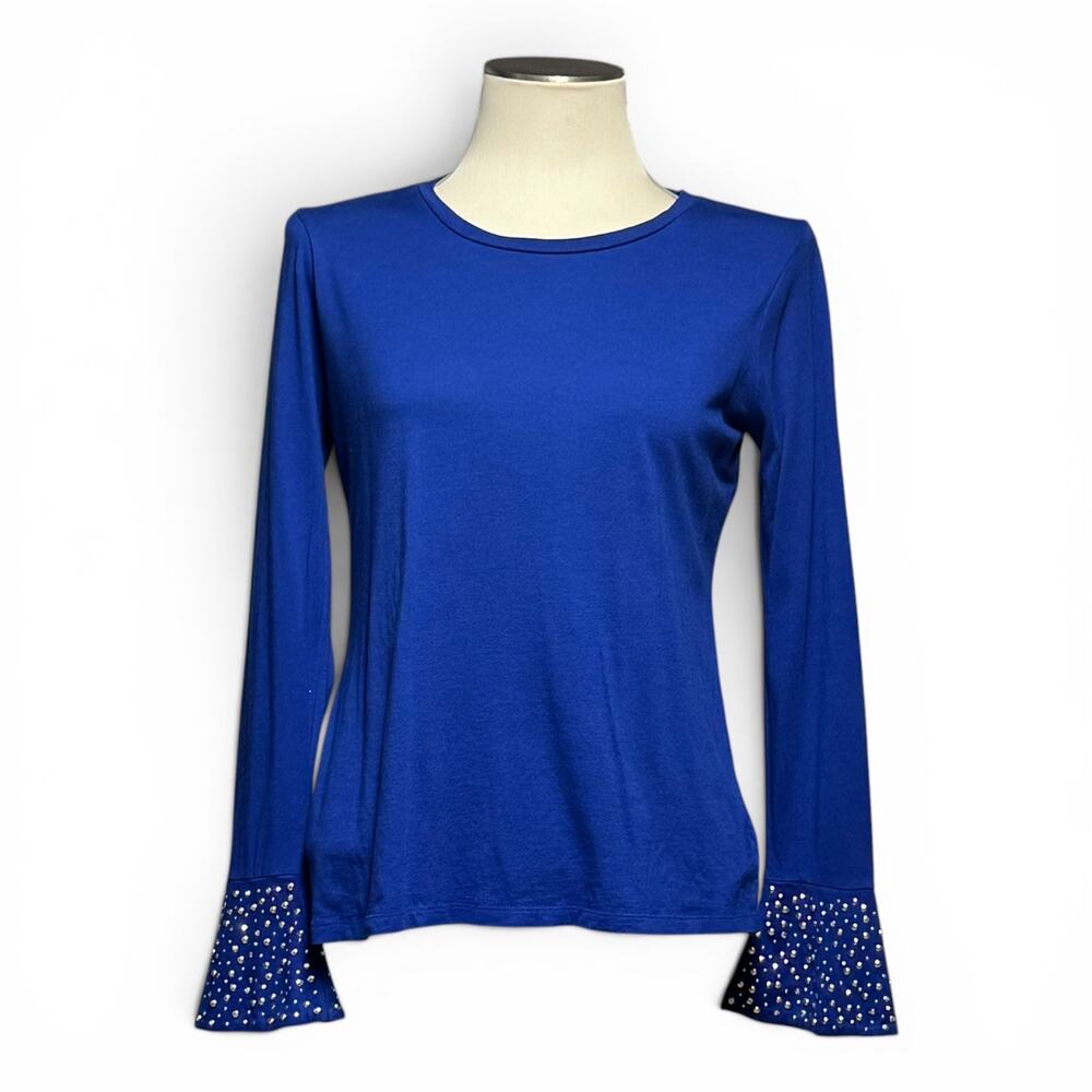 Michael Michael Kors Cotton Modal Studded Bell Sleeve Top Blue Silver Medium